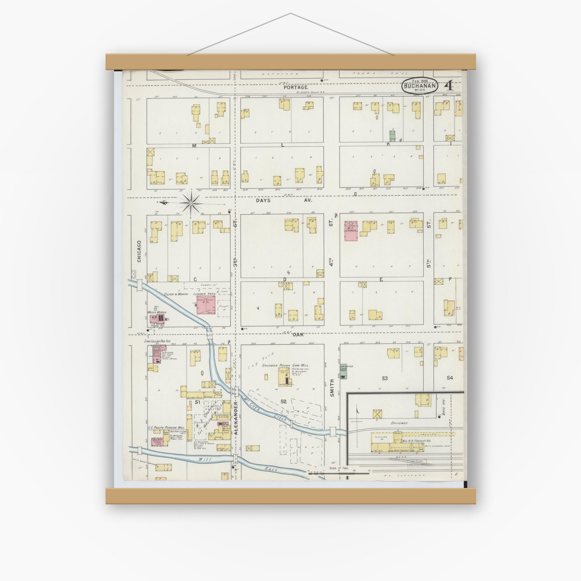 Old map wall art mockup — magnetic wood frame on white wall — Sanborn Fire Insurance Map from Buchanan, Berrien County, Michigan (1895), Sheet #0004