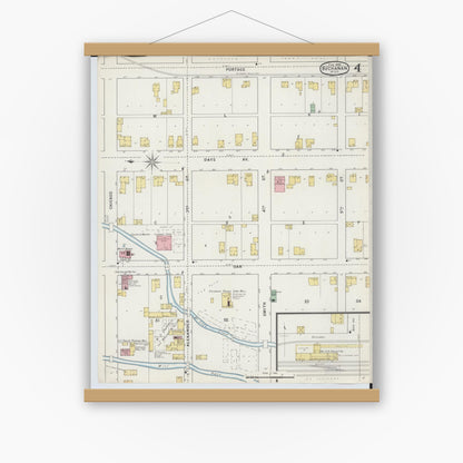 Old map wall art mockup — magnetic wood frame on white wall — Sanborn Fire Insurance Map from Buchanan, Berrien County, Michigan (1895), Sheet #0004