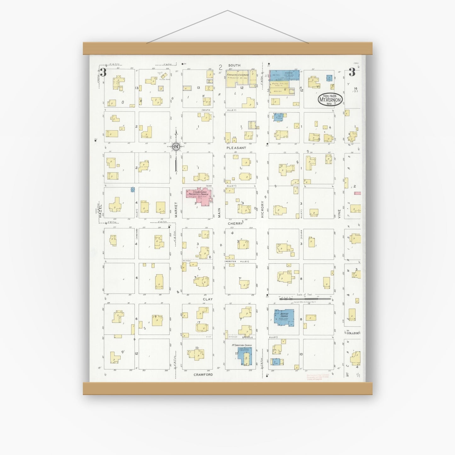 Old map wall art mockup — magnetic wood frame on white wall — Sanborn Fire Insurance Map from Mount Vernon, Lawrence County, Missouri (1928), Sheet #0003