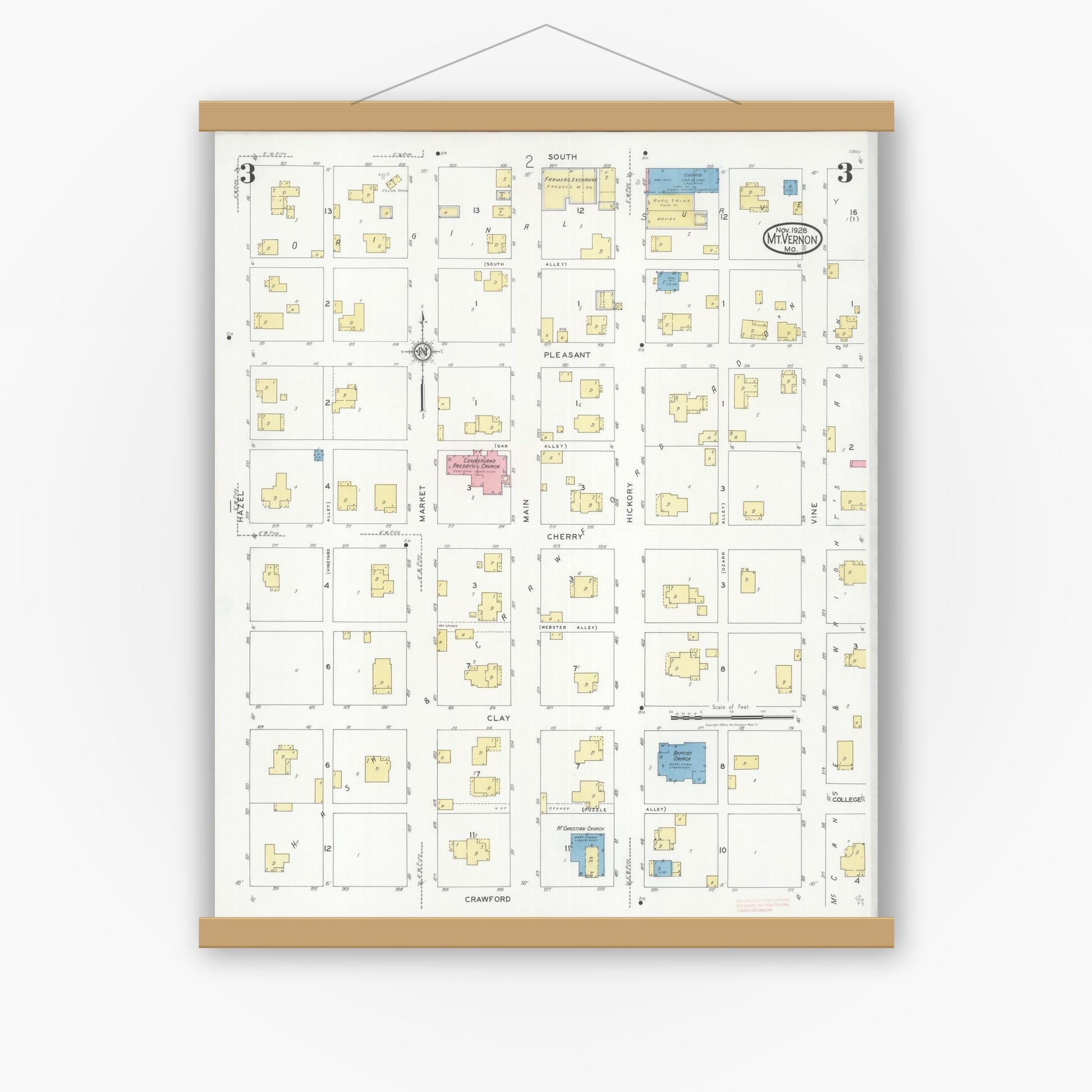 Old map wall art mockup — magnetic wood frame on white wall — Sanborn Fire Insurance Map from Mount Vernon, Lawrence County, Missouri (1928), Sheet #0003