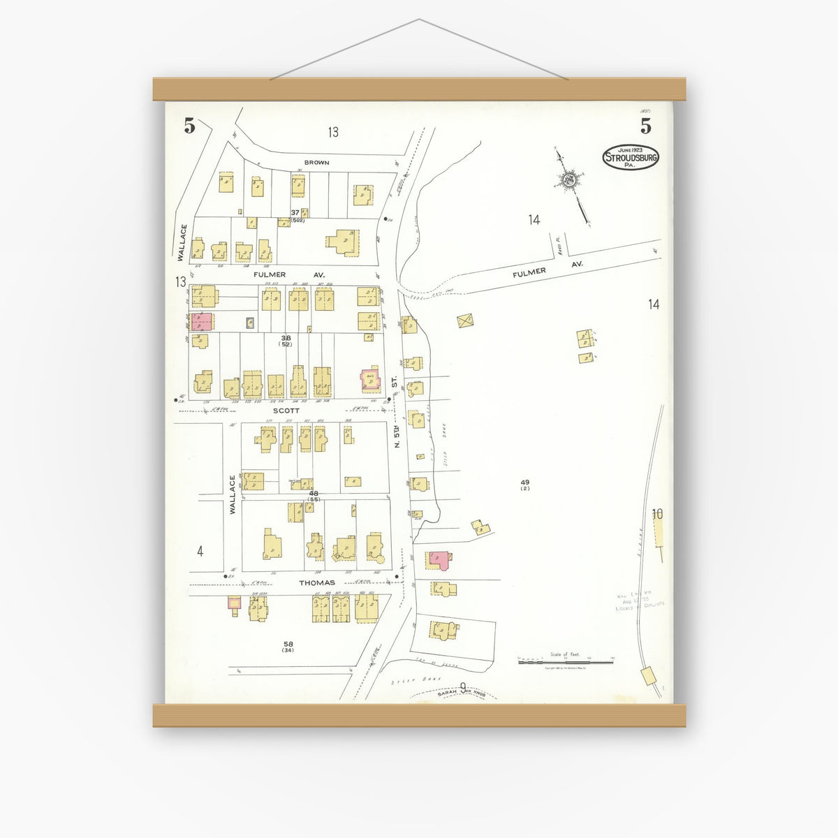 Old map wall art mockup — magnetic wood frame on white wall — Sanborn Fire Insurance Map from Stroudsburg, Monroe County, Pennsylvania (1923), Sheet #0005