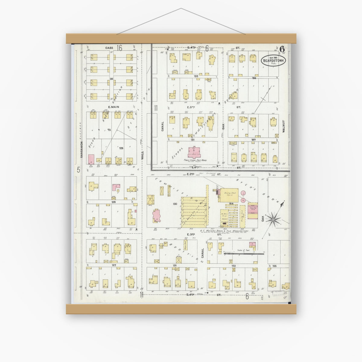 Old map wall art mockup — magnetic wood frame on white wall — Sanborn Fire Insurance Map from Beardstown, Cass County, Illinois (1906), Sheet #0006