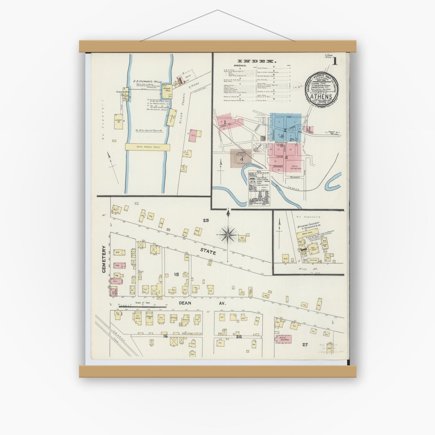 Old map wall art mockup — magnetic wood frame on white wall — Sanborn Fire Insurance Map from Athens, Athens County, Ohio (1890), Sheet #0001