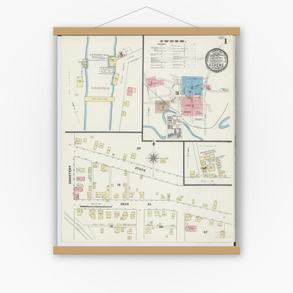 Old map wall art mockup — magnetic wood frame on white wall — Sanborn Fire Insurance Map from Athens, Athens County, Ohio (1890), Sheet #0001