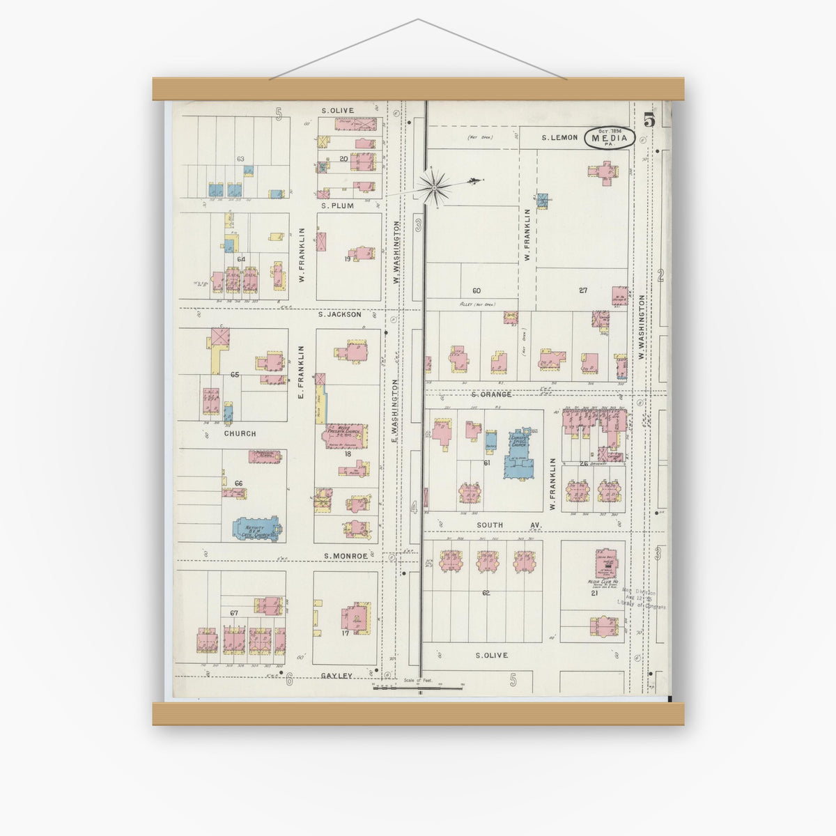 Old map wall art mockup — magnetic wood frame on white wall — Sanborn Fire Insurance Map from Media, Delaware County, Pennsylvania (1894), Sheet #0005