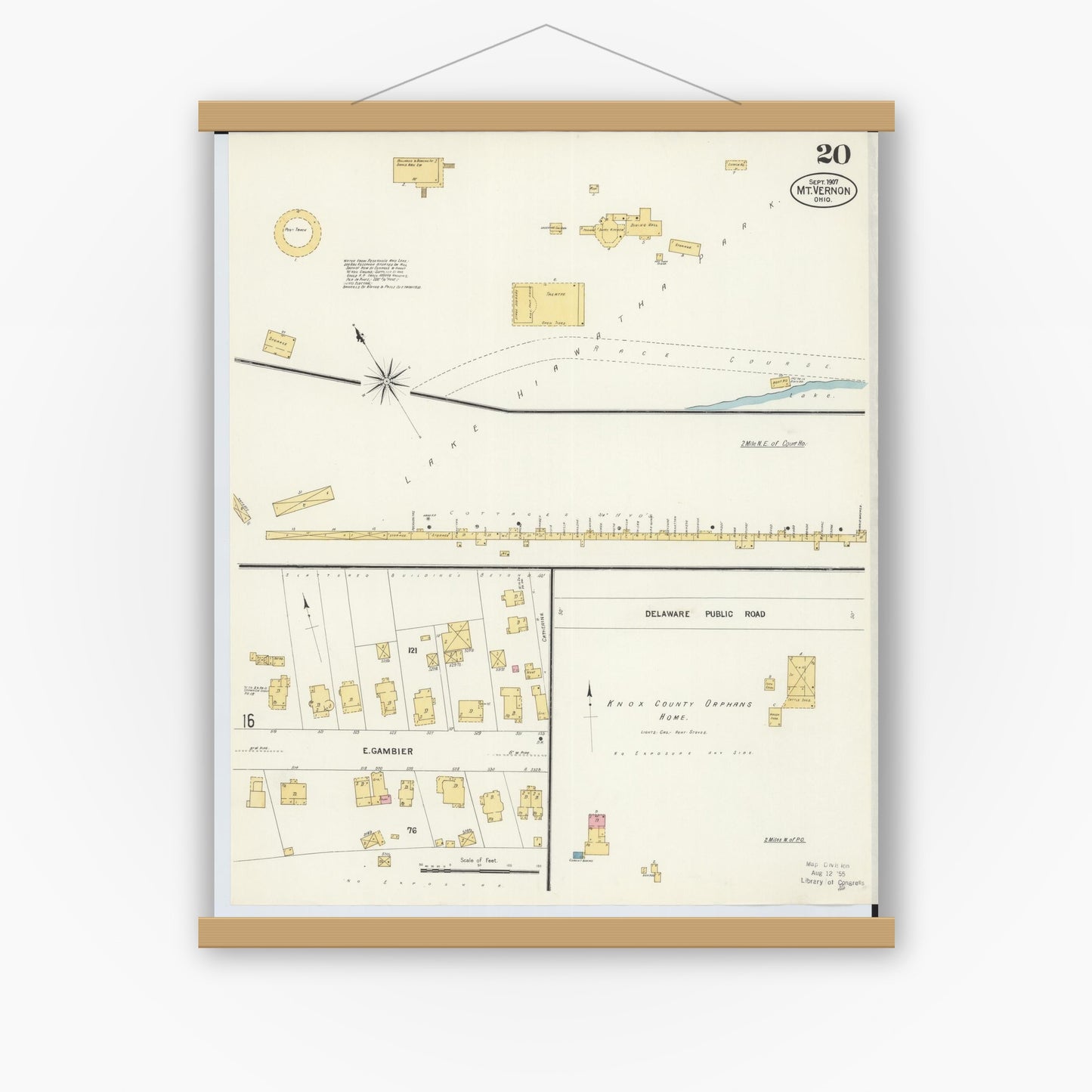 Old map wall art mockup — magnetic wood frame on white wall — Sanborn Fire Insurance Map from Mount Vernon, Knox County, Ohio (1907), Sheet #0020
