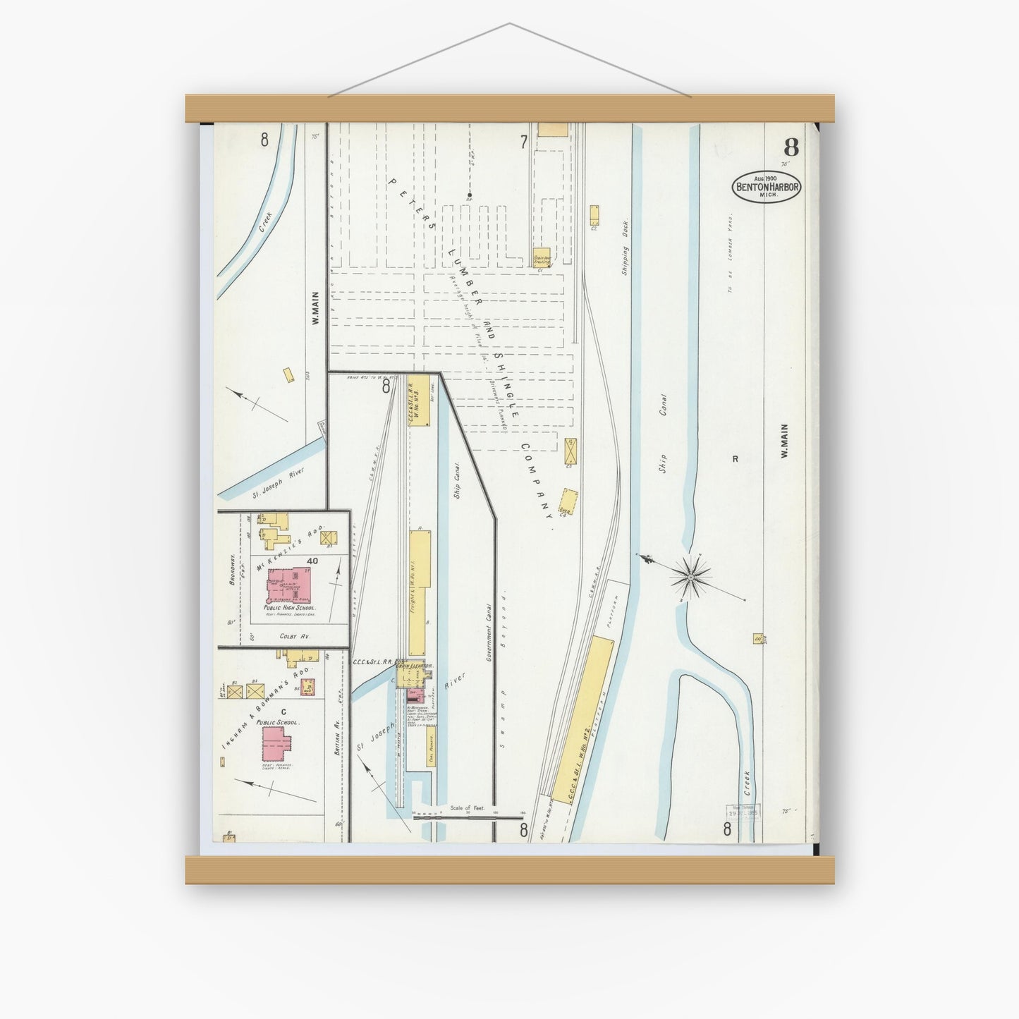 Old map wall art mockup — magnetic wood frame on white wall — Sanborn Fire Insurance Map from Benton Harbor, Berrien County, Michigan (1900), Sheet #0008