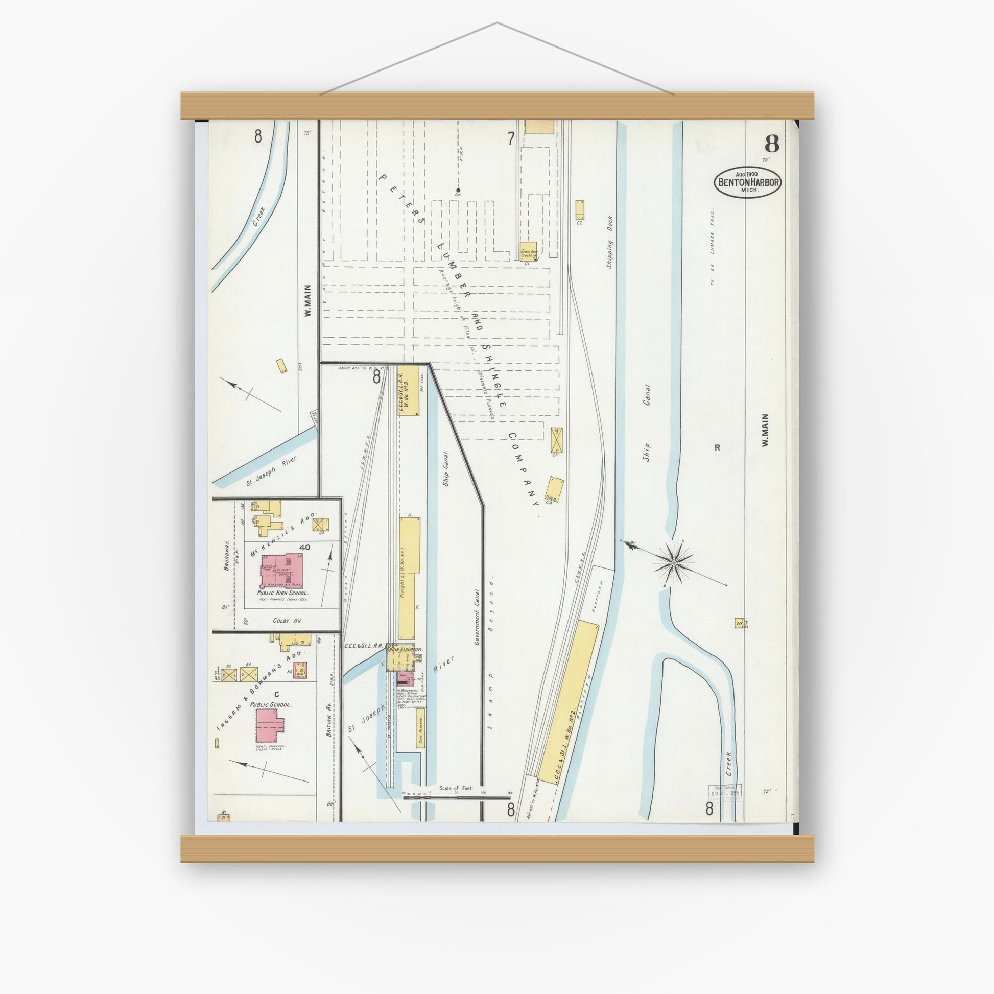 Old map wall art mockup — magnetic wood frame on white wall — Sanborn Fire Insurance Map from Benton Harbor, Berrien County, Michigan (1900), Sheet #0008