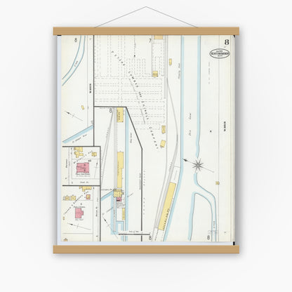 Old map wall art mockup — magnetic wood frame on white wall — Sanborn Fire Insurance Map from Benton Harbor, Berrien County, Michigan (1900), Sheet #0008