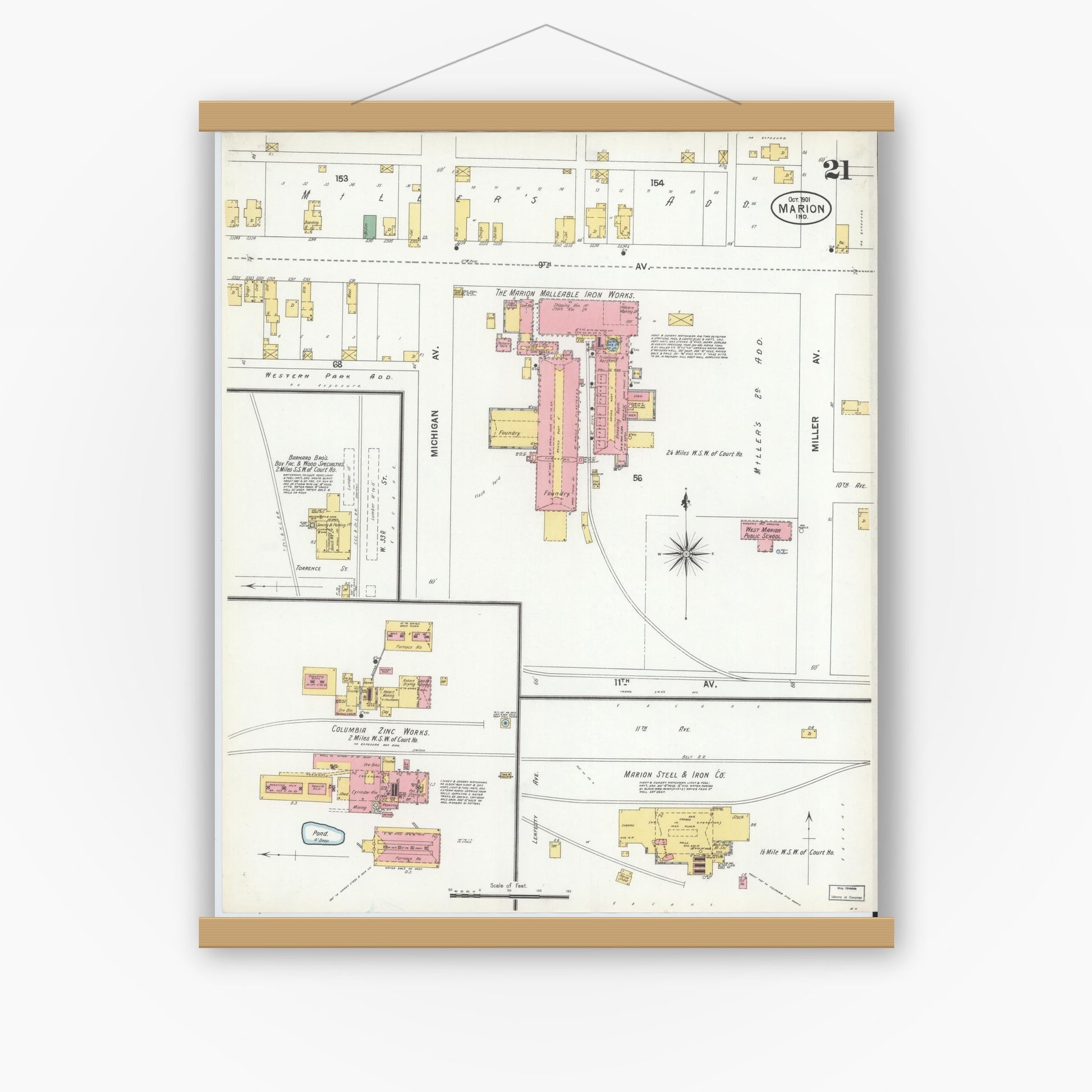 Old map wall art mockup — magnetic wood frame on white wall — Sanborn Fire Insurance Map from Marion, Grant County, Indiana (1901), Sheet #0021