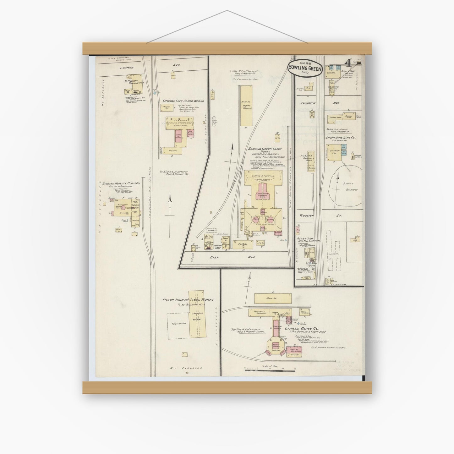 Old map wall art mockup — magnetic wood frame on white wall — Sanborn Fire Insurance Map from Bowling Green, Wood County, Ohio (1888), Sheet #0004
