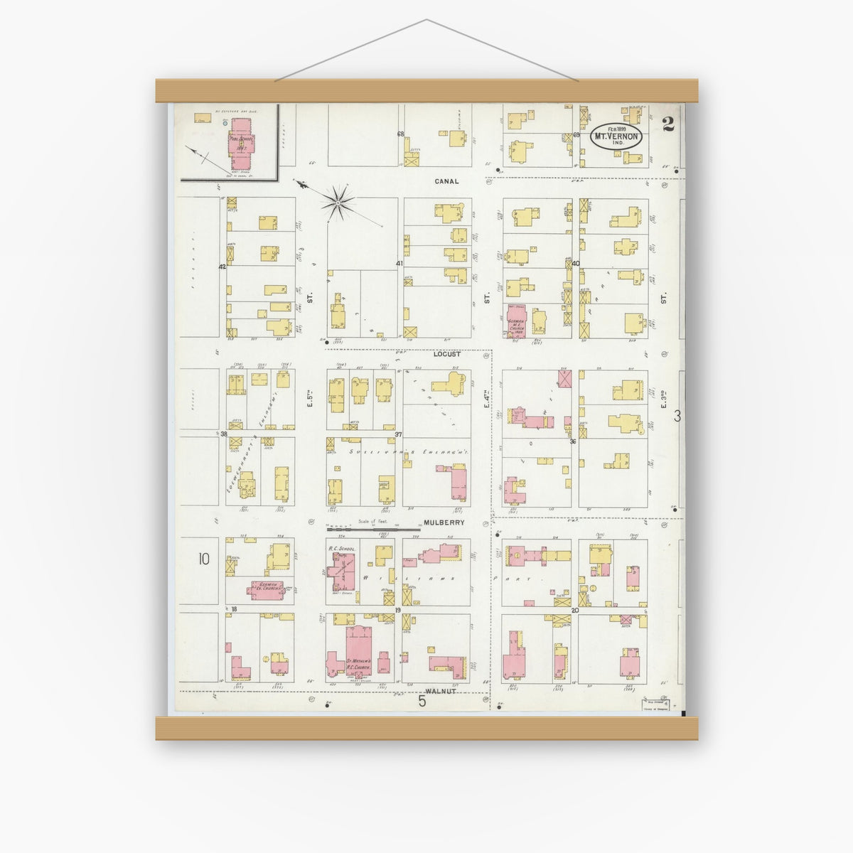 Old map wall art mockup — magnetic wood frame on white wall — Sanborn Fire Insurance Map from Mount Vernon, Posey County, Indiana (1899), Sheet #0002