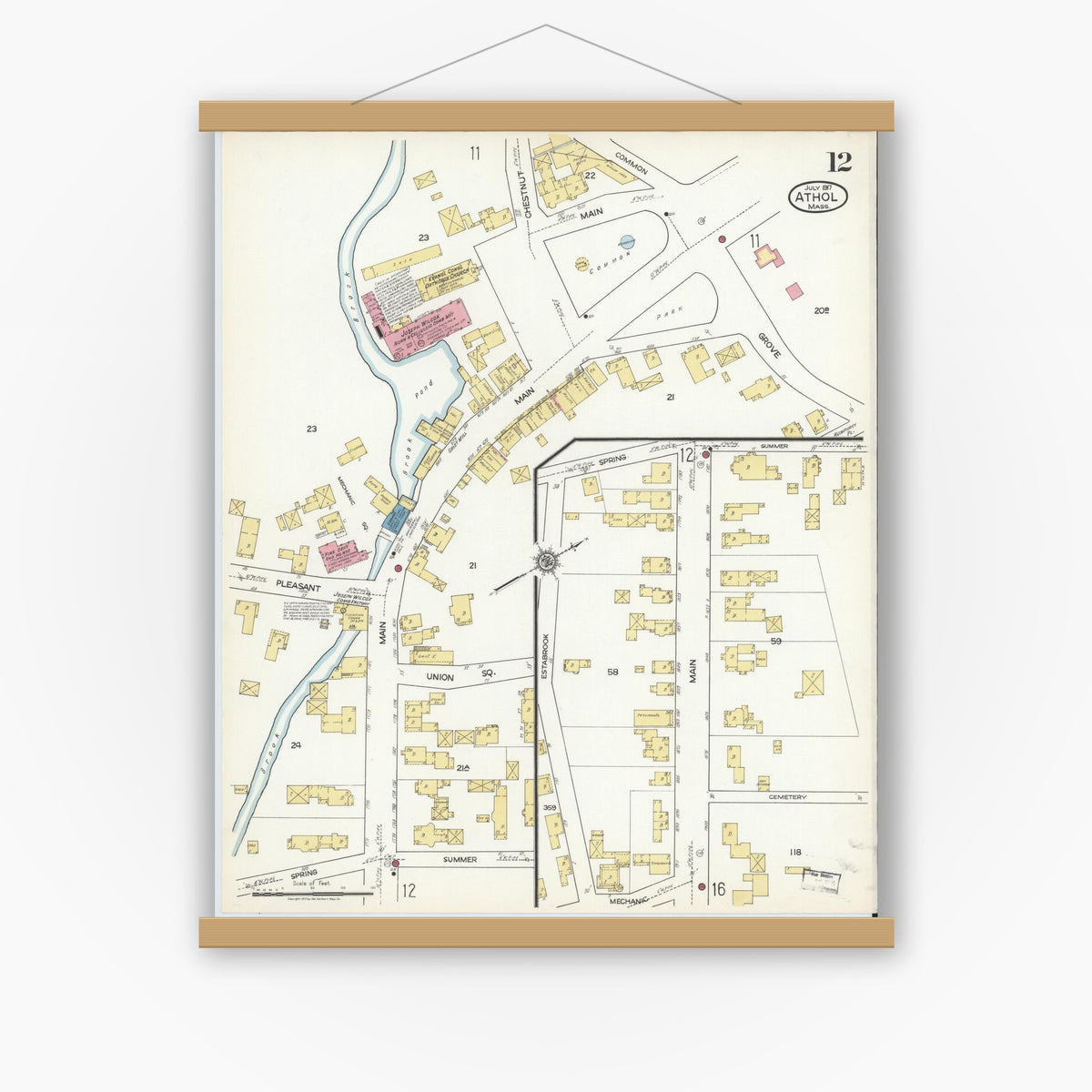 Old map wall art mockup — magnetic wood frame on white wall — Sanborn Fire Insurance Map from Athol, Worcester County, Massachusetts (1917), Sheet #0012
