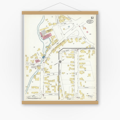Old map wall art mockup — magnetic wood frame on white wall — Sanborn Fire Insurance Map from Athol, Worcester County, Massachusetts (1917), Sheet #0012