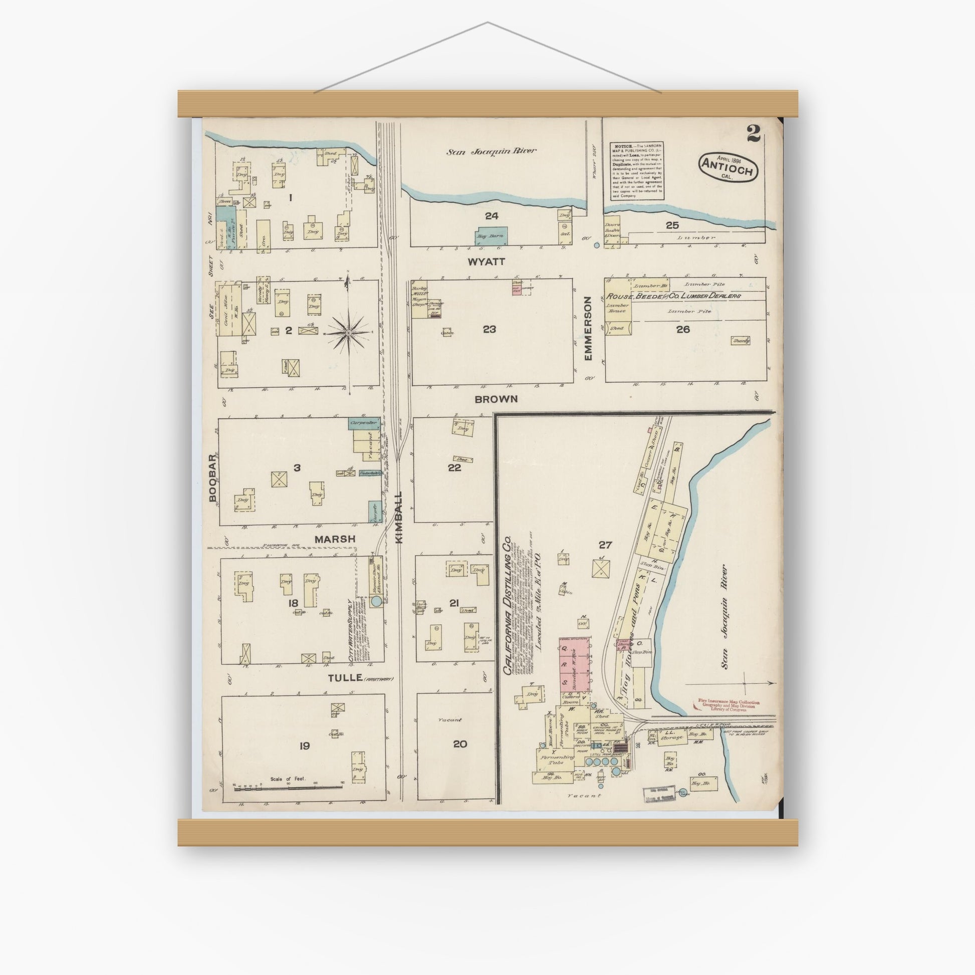 Old map wall art mockup — magnetic wood frame on white wall — Sanborn Fire Insurance Map from Antioch, Contra Costa County, California (1884), Sheet #0002