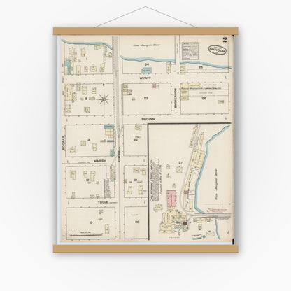 Old map wall art mockup — magnetic wood frame on white wall — Sanborn Fire Insurance Map from Antioch, Contra Costa County, California (1884), Sheet #0002