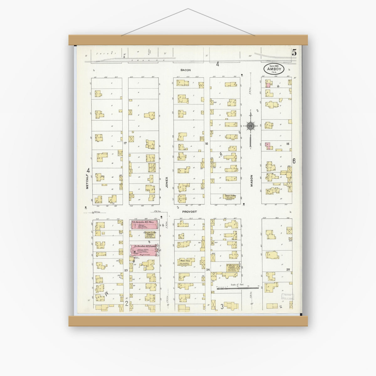Old map wall art mockup — magnetic wood frame on white wall — Sanborn Fire Insurance Map from Amboy, Lee County, Illinois (1910), Sheet #0005