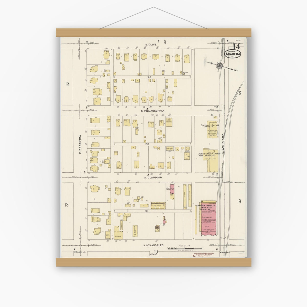 Old map wall art mockup — magnetic wood frame on white wall — Sanborn Fire Insurance Map from Anaheim, Orange County, California (1922), Sheet #0014