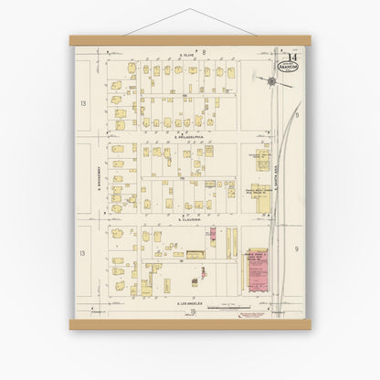 Old map wall art mockup — magnetic wood frame on white wall — Sanborn Fire Insurance Map from Anaheim, Orange County, California (1922), Sheet #0014