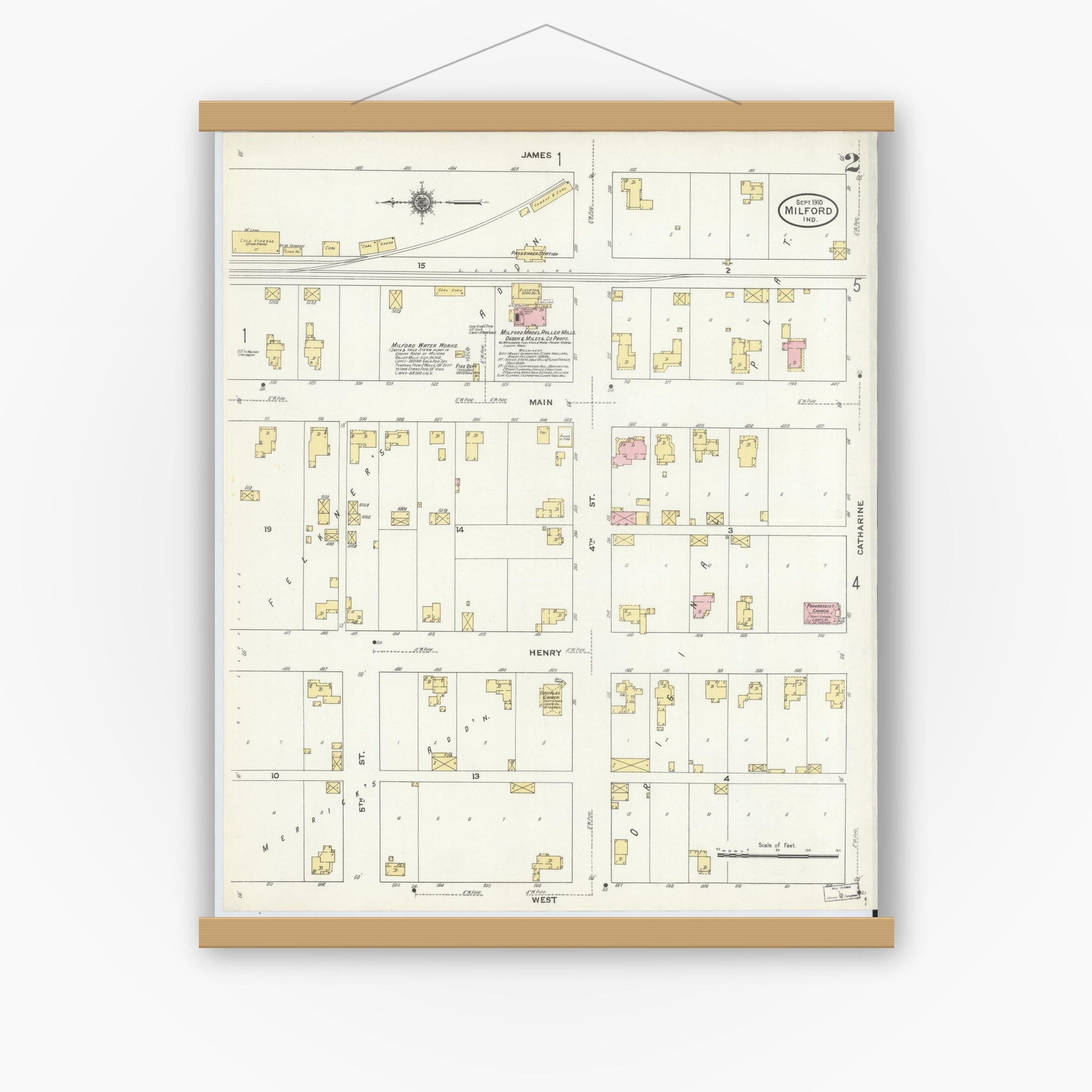 Old map wall art mockup — magnetic wood frame on white wall — Sanborn Fire Insurance Map from Milford, Kosciusko County, Indiana (1910), Sheet #0002