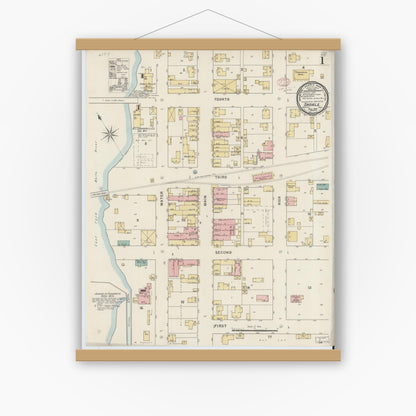 Old map wall art mockup — magnetic wood frame on white wall — Sanborn Fire Insurance Map from Shoals, Martin County, Indiana (1895), Sheet #0001