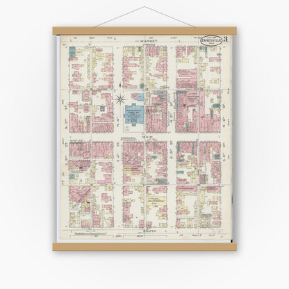 Old map wall art mockup — magnetic wood frame on white wall — Sanborn Fire Insurance Map from Zanesville, Muskingum County, Ohio (1886), Sheet #0003