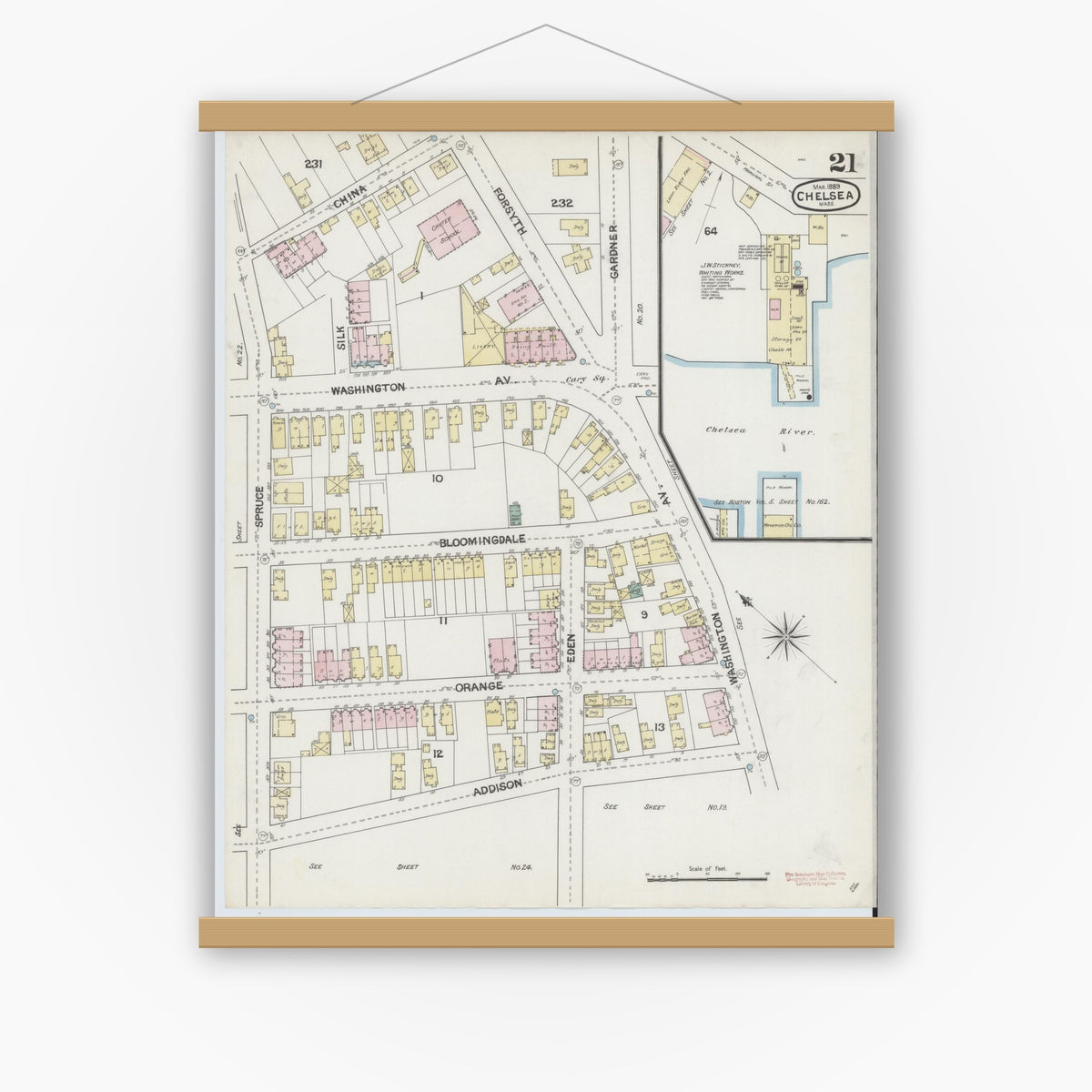 Old map wall art mockup — magnetic wood frame on white wall — Sanborn Fire Insurance Map from Chelsea, Suffolk County, Massachusetts (1889), Sheet #0021