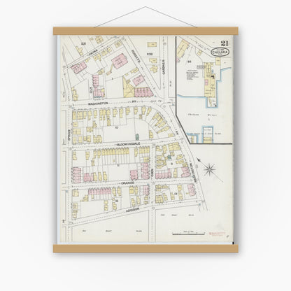 Old map wall art mockup — magnetic wood frame on white wall — Sanborn Fire Insurance Map from Chelsea, Suffolk County, Massachusetts (1889), Sheet #0021