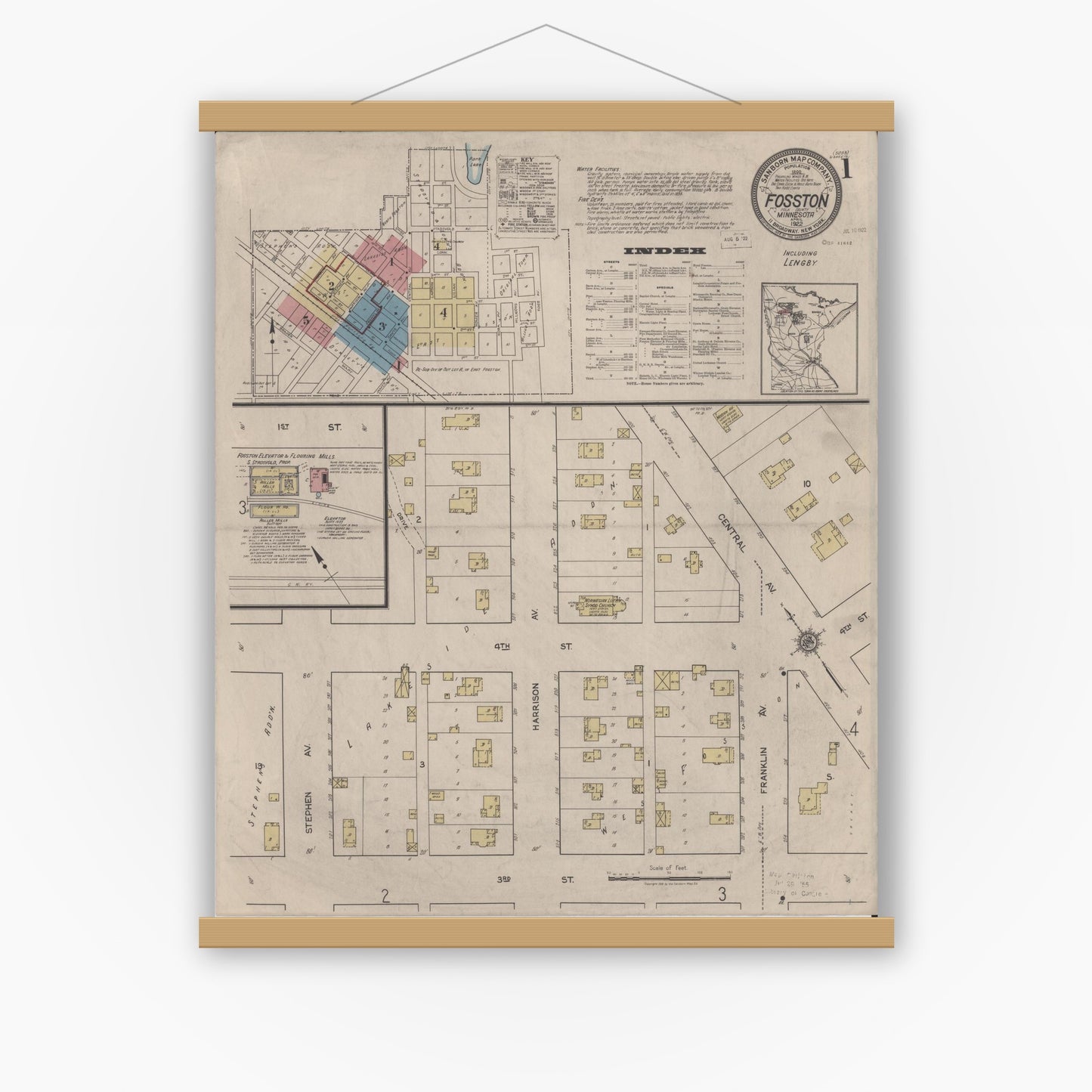 Old map wall art mockup — magnetic wood frame on white wall — Sanborn Fire Insurance Map from Fosston, Polk County, Minnesota (1922) - Complete Map Set