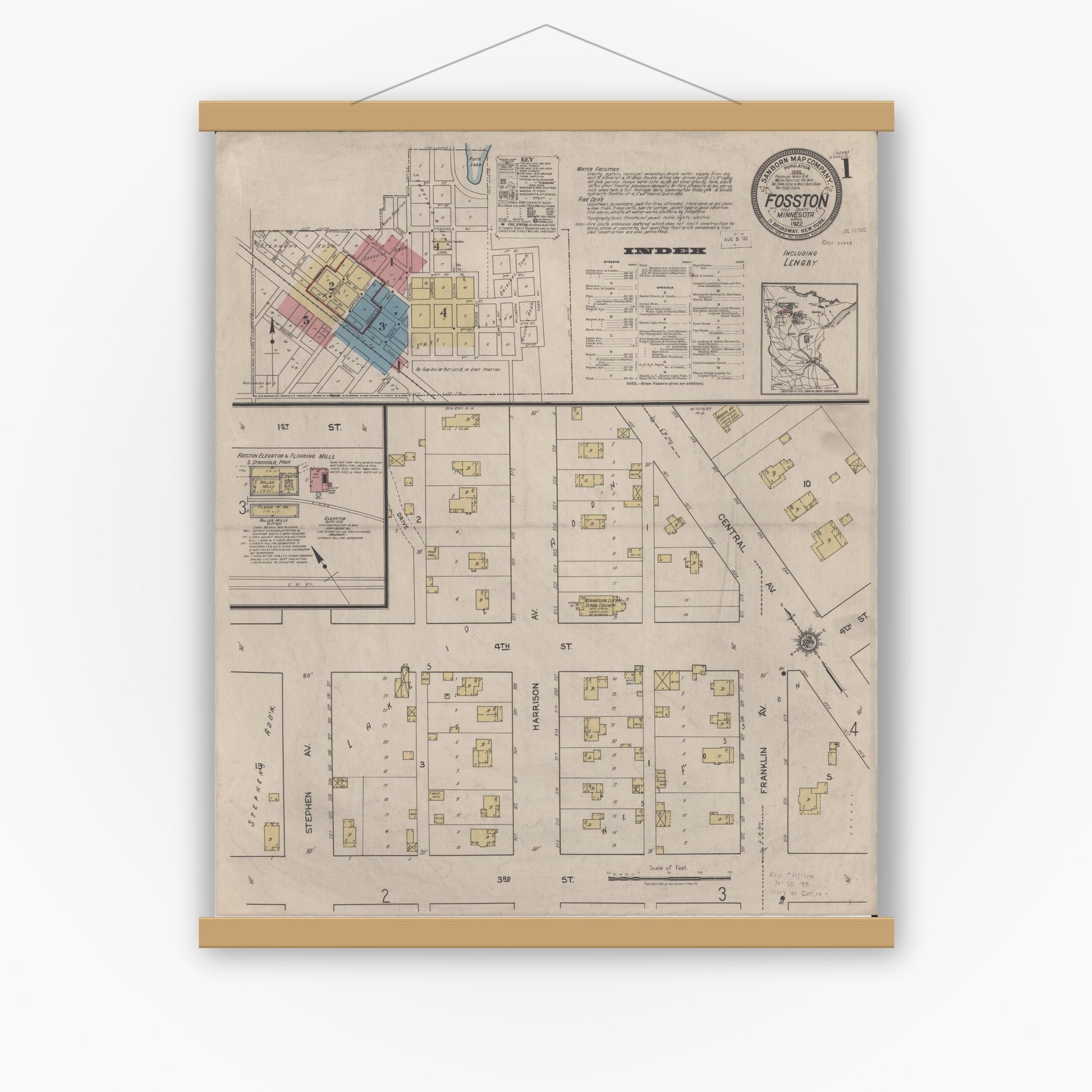 Old map wall art mockup — magnetic wood frame on white wall — Sanborn Fire Insurance Map from Fosston, Polk County, Minnesota (1922) - Complete Map Set