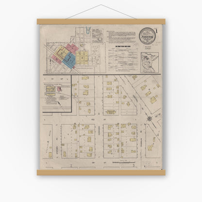 Old map wall art mockup — magnetic wood frame on white wall — Sanborn Fire Insurance Map from Fosston, Polk County, Minnesota (1922) - Complete Map Set
