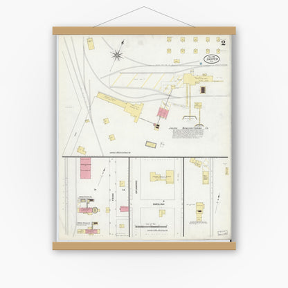 Old map wall art mockup — magnetic wood frame on white wall — Sanborn Fire Insurance Map from Jasper, Hamilton County, Florida (1909), Sheet #0002