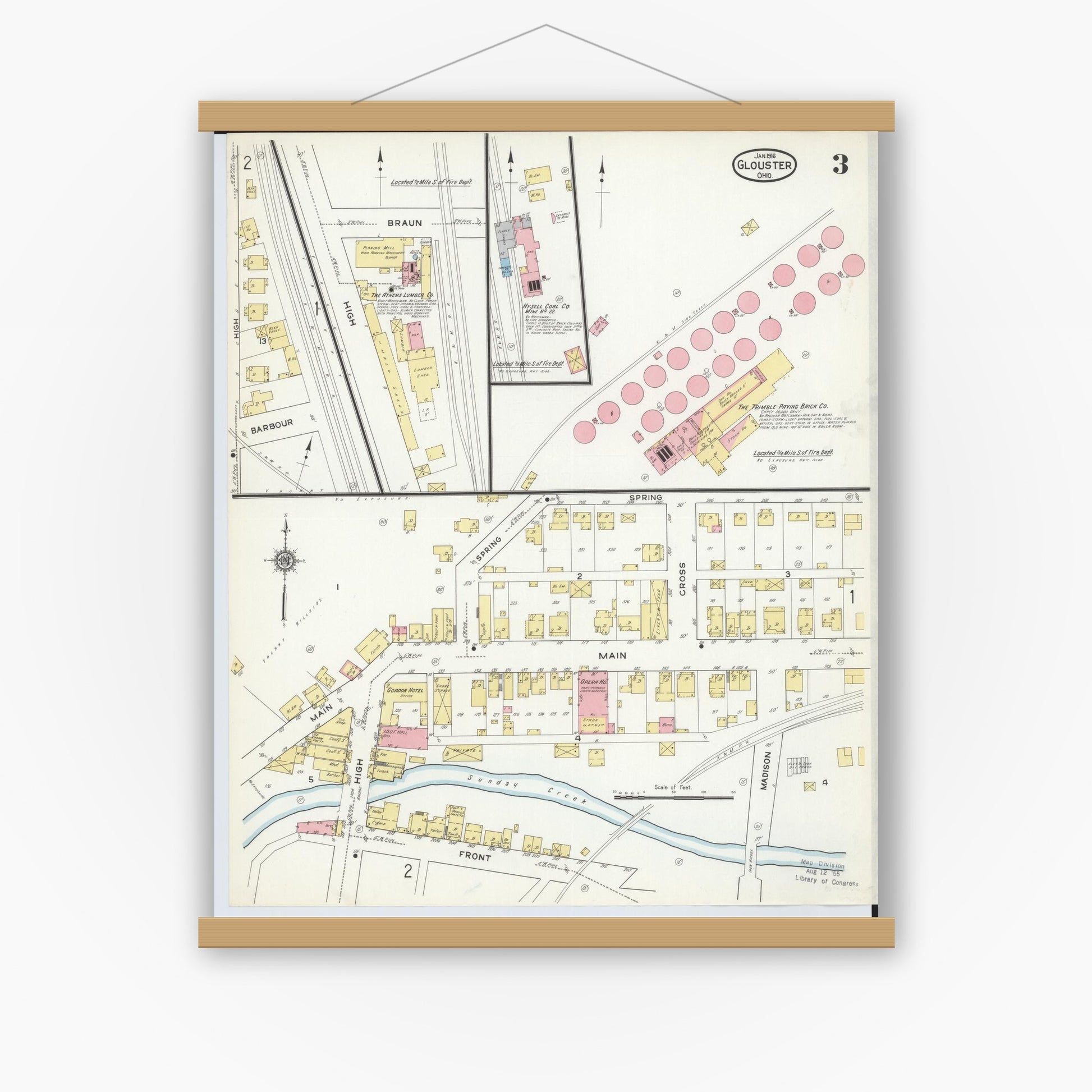 Old map wall art mockup — magnetic wood frame on white wall — Sanborn Fire Insurance Map from Glouster, Athens County, Ohio (1912), Sheet #0003