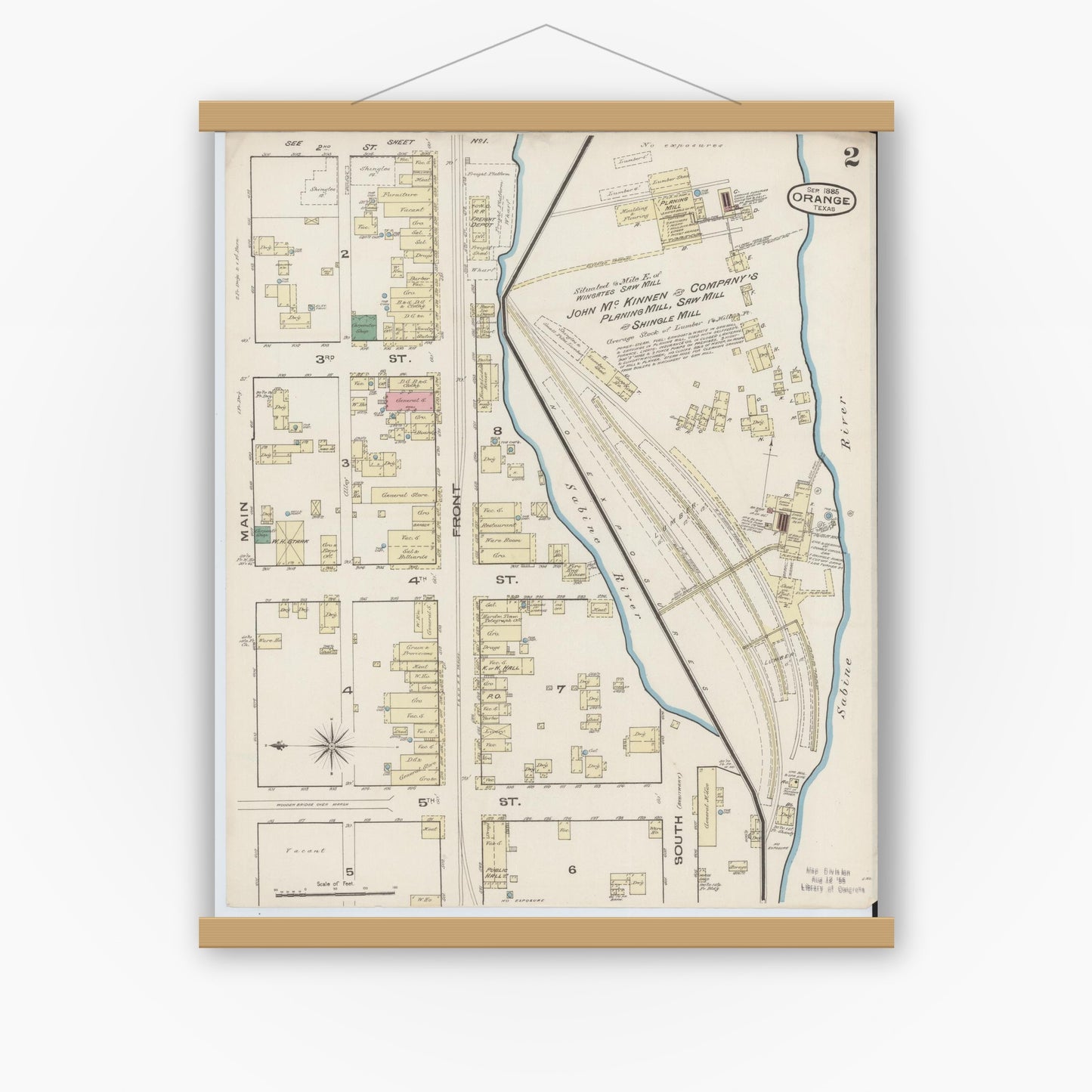 Old map wall art mockup — magnetic wood frame on white wall — Sanborn Fire Insurance Map from Orange, Orange County, Texas (1885), Sheet #0002