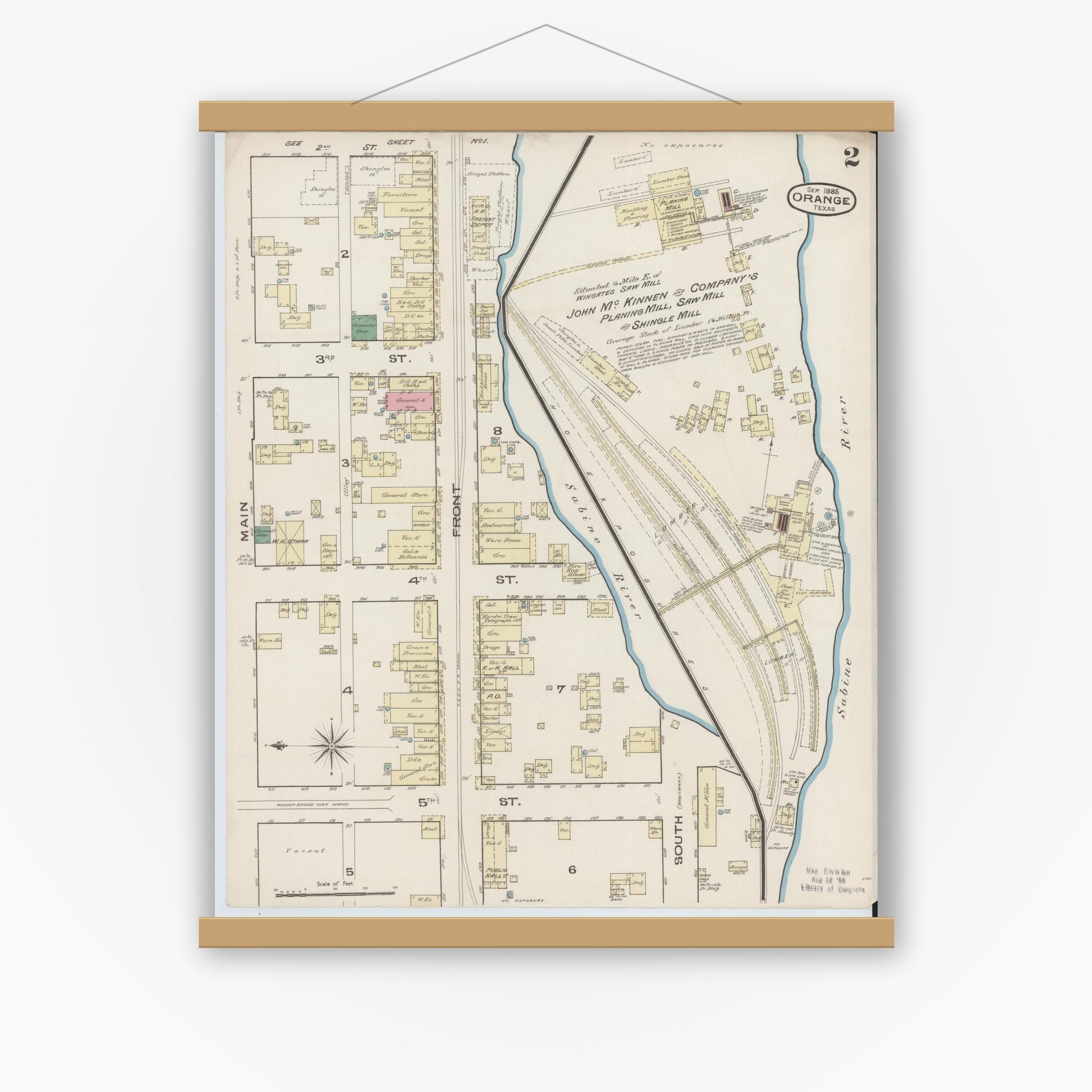 Old map wall art mockup — magnetic wood frame on white wall — Sanborn Fire Insurance Map from Orange, Orange County, Texas (1885), Sheet #0002