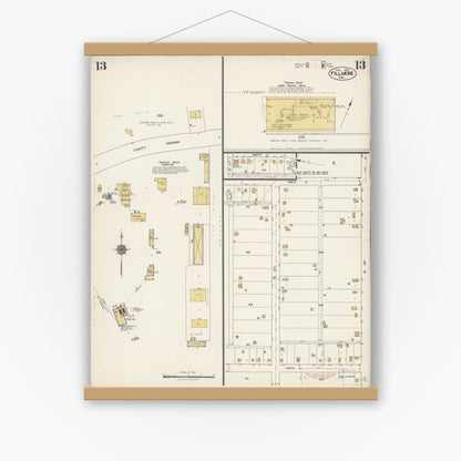 Old map wall art mockup — magnetic wood frame on white wall — Sanborn Fire Insurance Map from Fillmore, Ventura County, California (1923), Sheet #0013