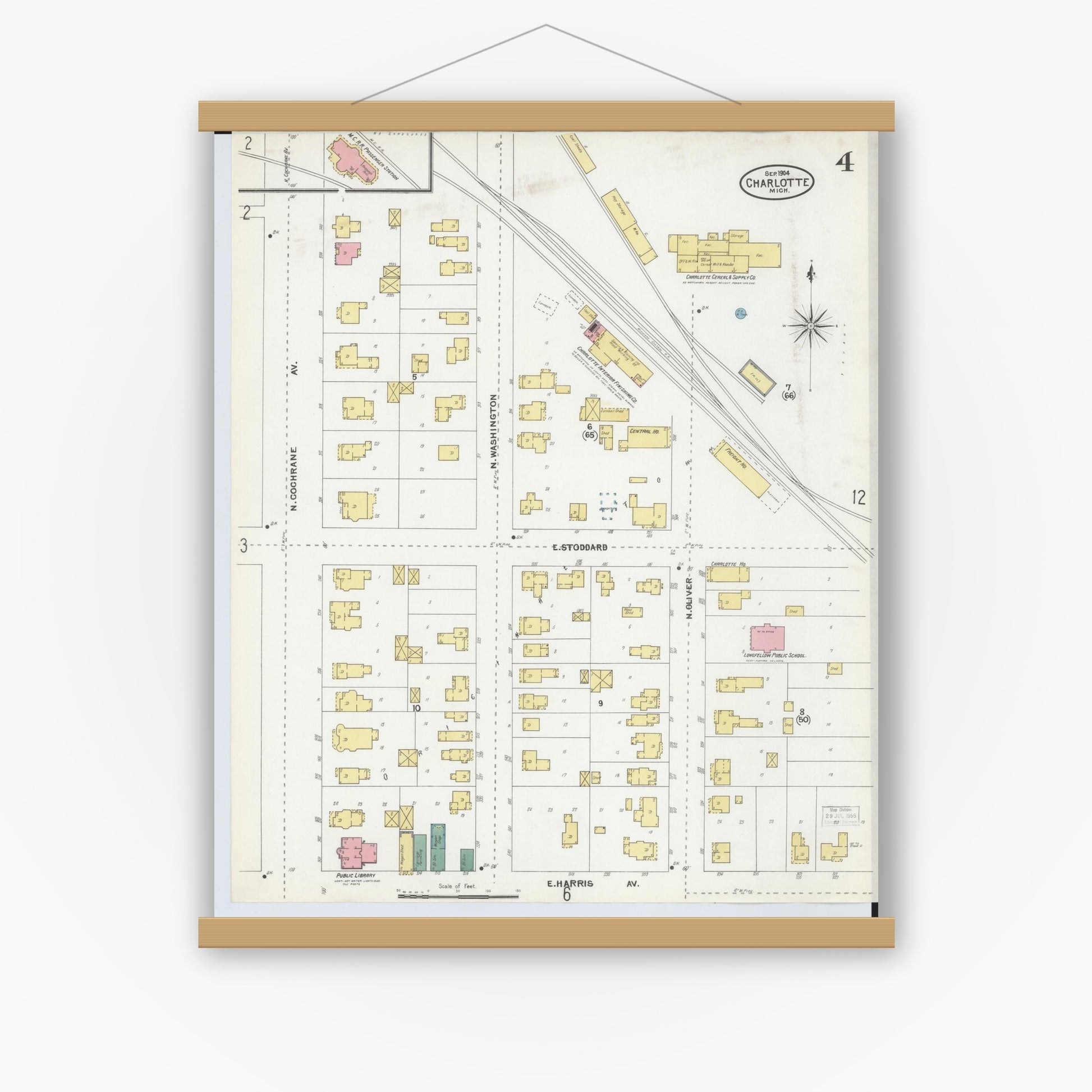 Old map wall art mockup — magnetic wood frame on white wall — Sanborn Fire Insurance Map from Charlotte, Eaton County, Michigan (1904), Sheet #0004