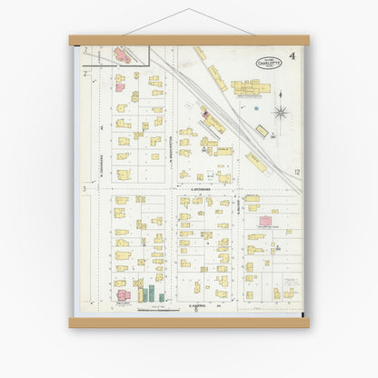 Old map wall art mockup — magnetic wood frame on white wall — Sanborn Fire Insurance Map from Charlotte, Eaton County, Michigan (1904), Sheet #0004