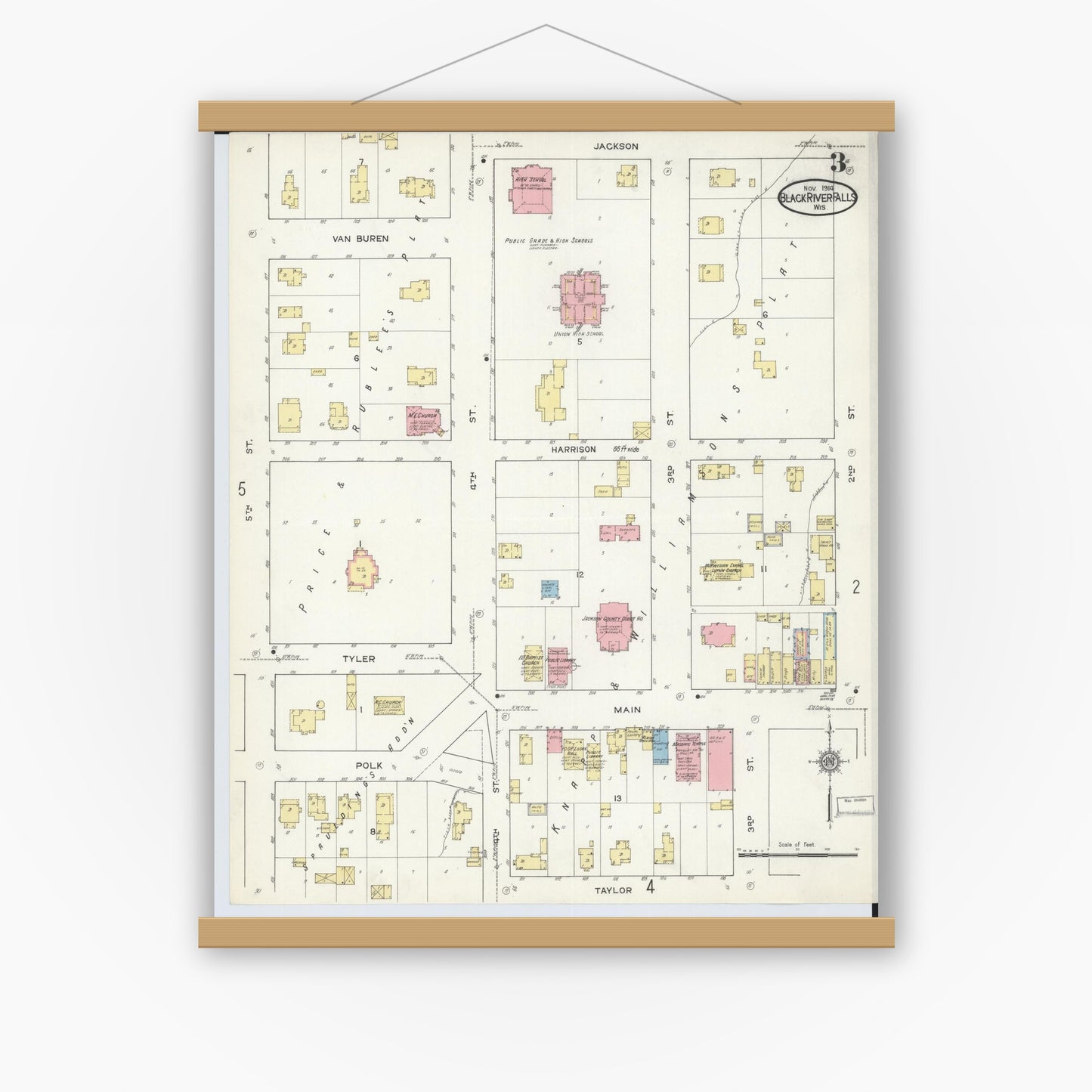 Old map wall art mockup — magnetic wood frame on white wall — Sanborn Fire Insurance Map from Black River Falls, Jackson County, Wisconsin (1914), Sheet #0003