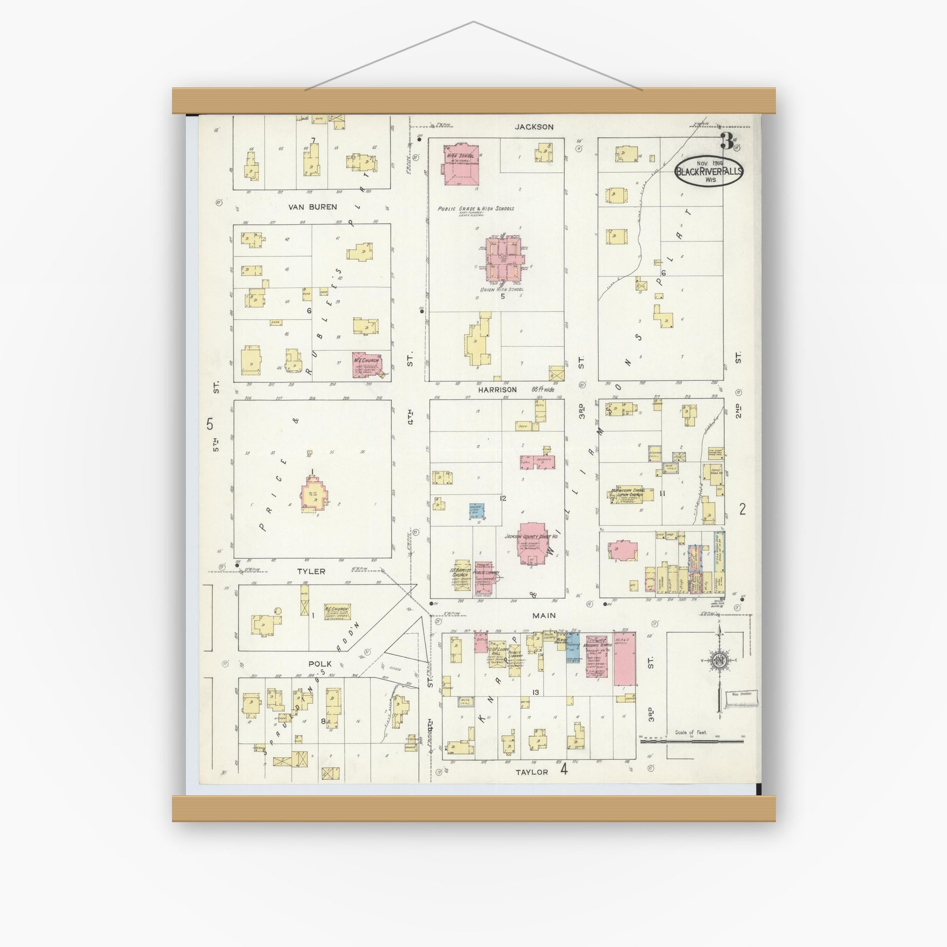 Old map wall art mockup — magnetic wood frame on white wall — Sanborn Fire Insurance Map from Black River Falls, Jackson County, Wisconsin (1914), Sheet #0003
