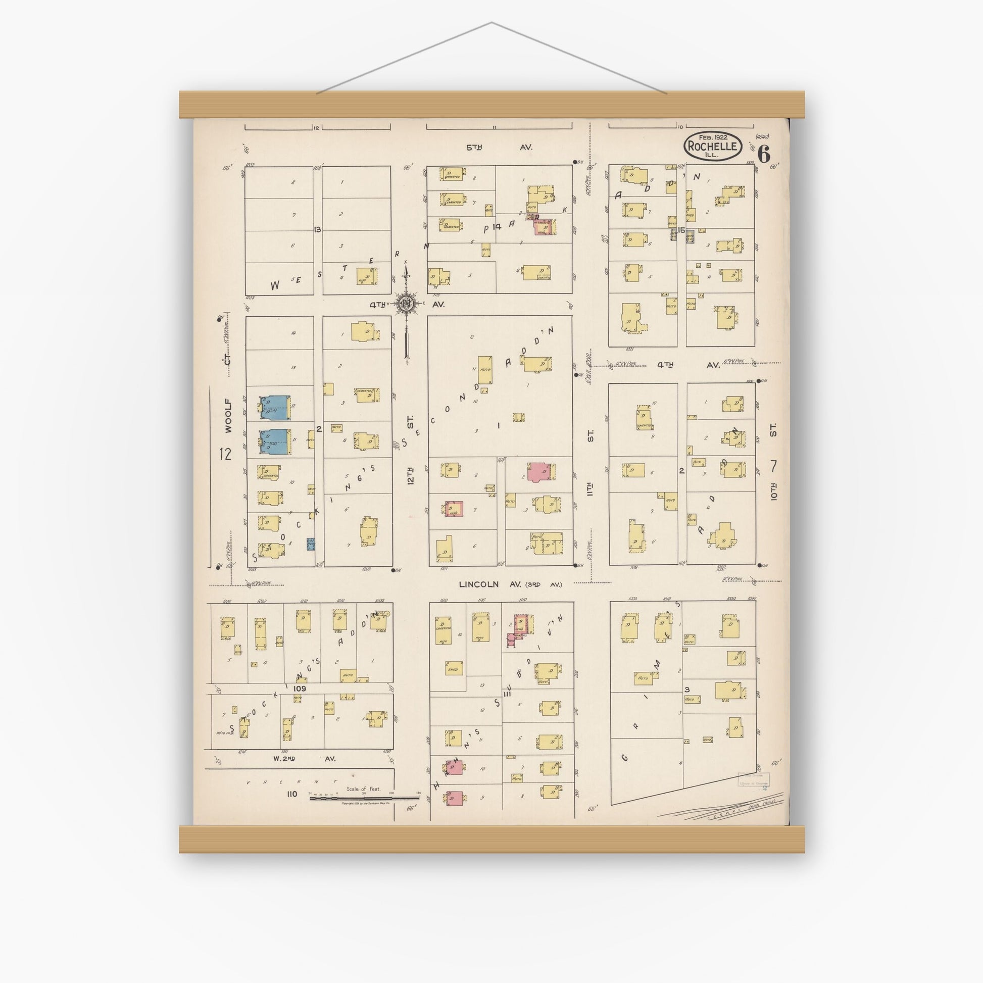 Old map wall art mockup — magnetic wood frame on white wall — Sanborn Fire Insurance Map from Rochelle, Ogle County, Illinois (1922), Sheet #0006