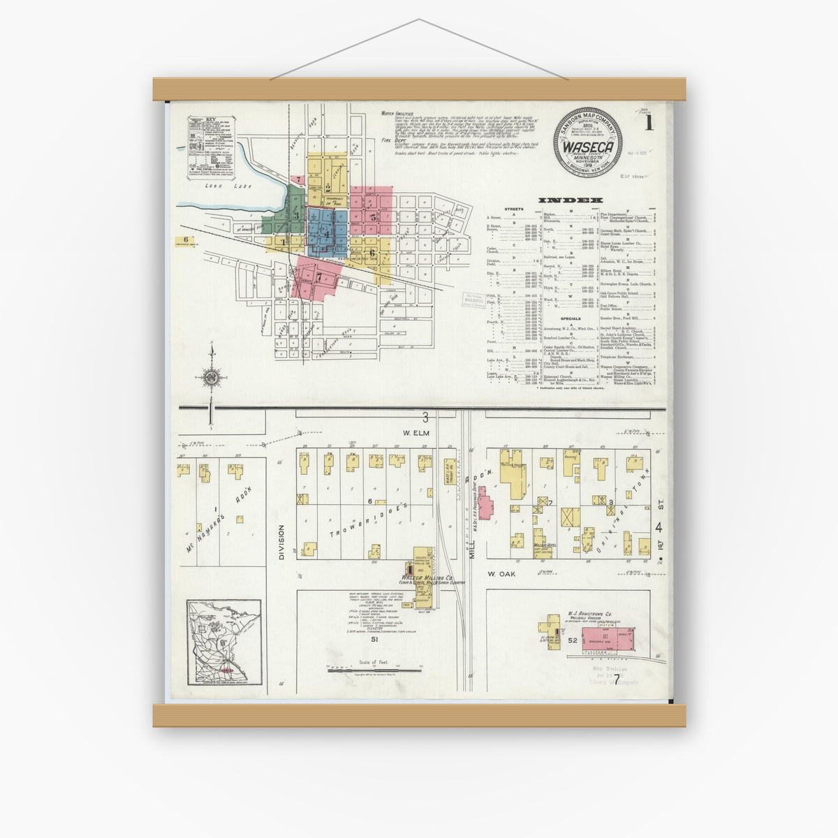 Old map wall art mockup — magnetic wood frame on white wall — Sanborn Fire Insurance Map from Waseca, Waseca County, Minnesota (1919), Sheet #0001
