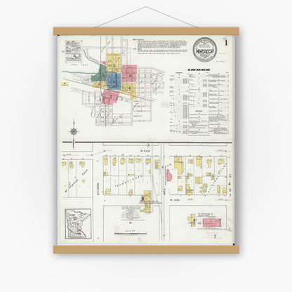 Old map wall art mockup — magnetic wood frame on white wall — Sanborn Fire Insurance Map from Waseca, Waseca County, Minnesota (1919), Sheet #0001