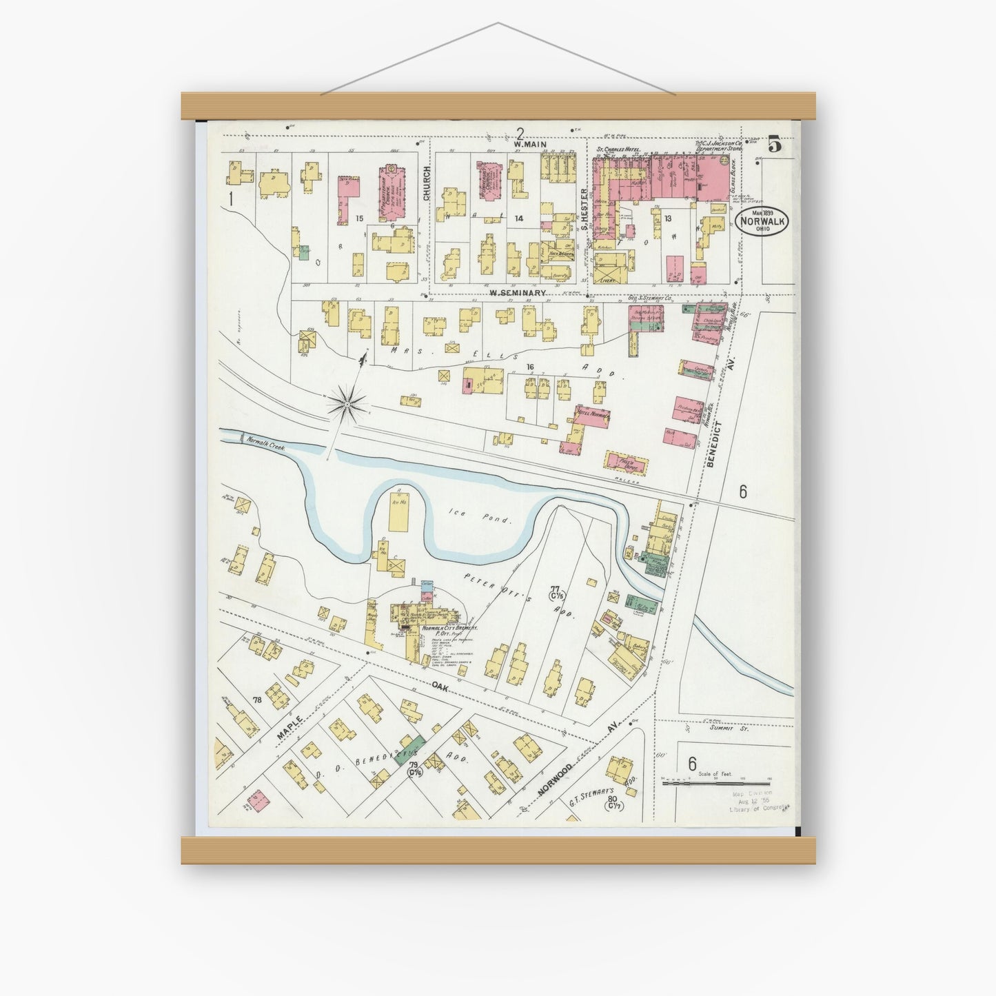 Old map wall art mockup — magnetic wood frame on white wall — Sanborn Fire Insurance Map from Norwalk, Huron County, Ohio (1899), Sheet #0005