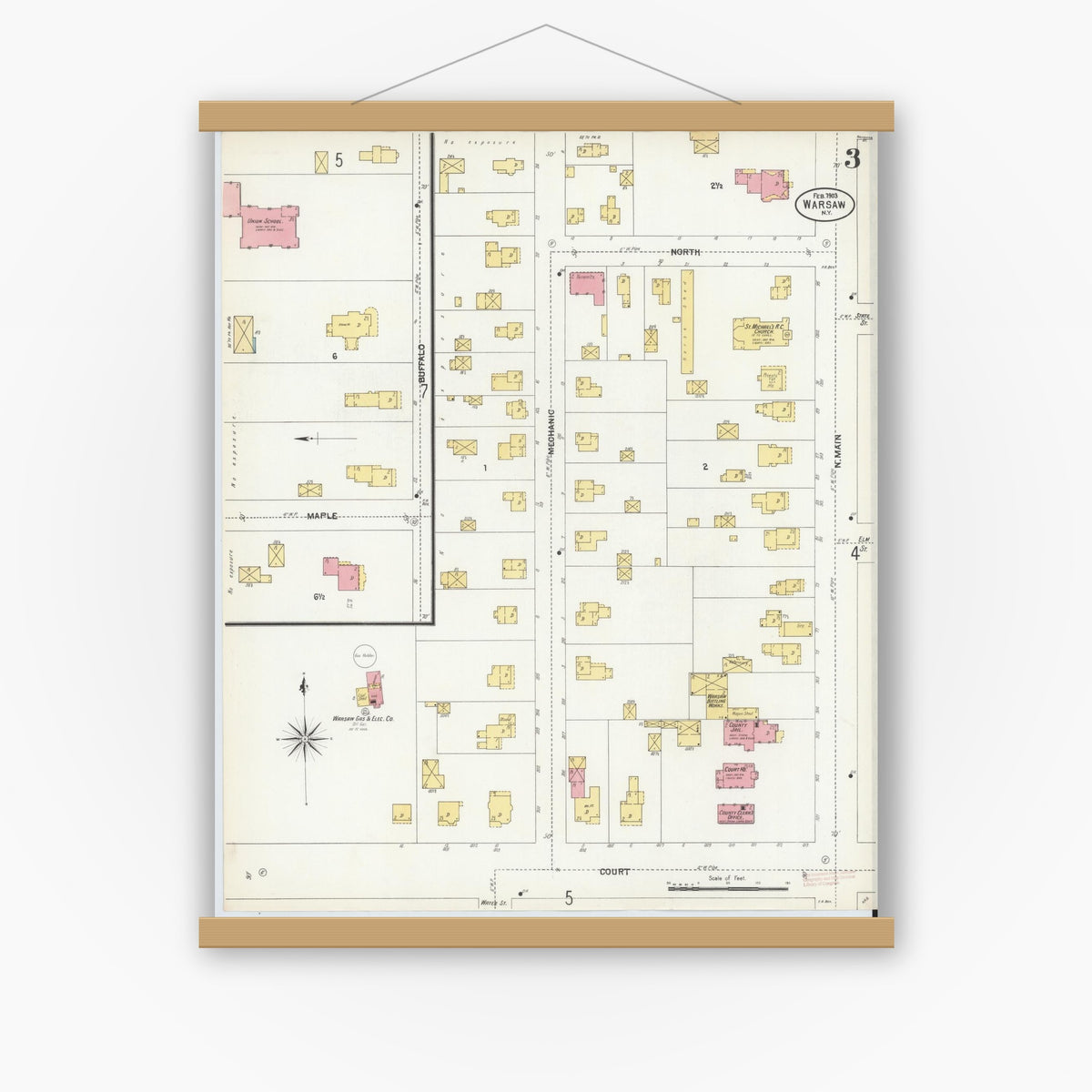 Old map wall art mockup — magnetic wood frame on white wall — Sanborn Fire Insurance Map from Warsaw, Wyoming County, New York (1903), Sheet #0003