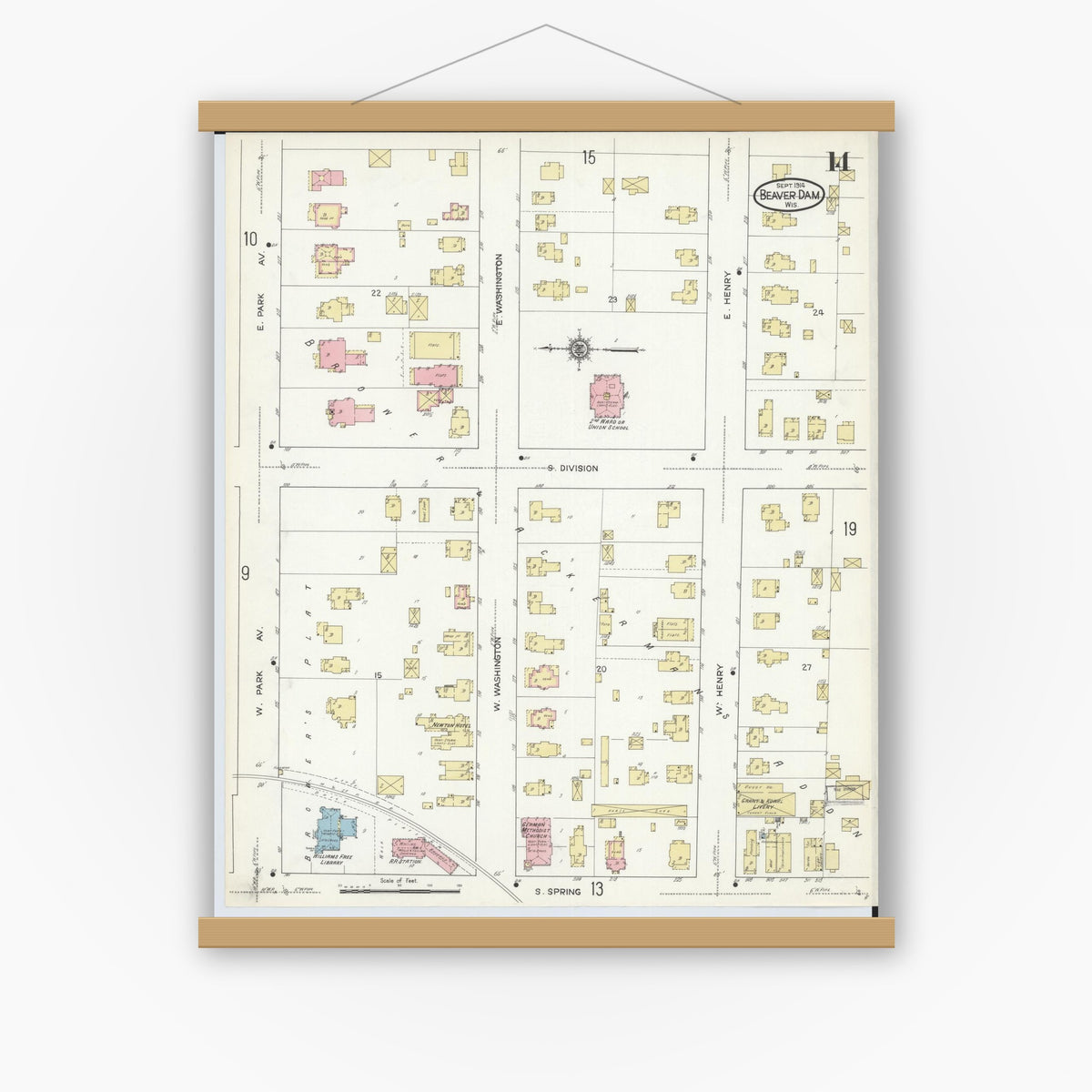 Old map wall art mockup — magnetic wood frame on white wall — Sanborn Fire Insurance Map from Beaver Dam, Dodge County, Wisconsin (1914), Sheet #0014