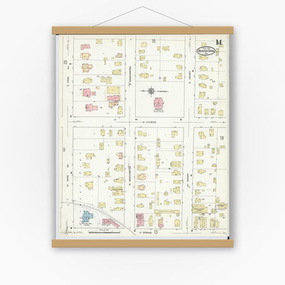 Old map wall art mockup — magnetic wood frame on white wall — Sanborn Fire Insurance Map from Beaver Dam, Dodge County, Wisconsin (1914), Sheet #0014