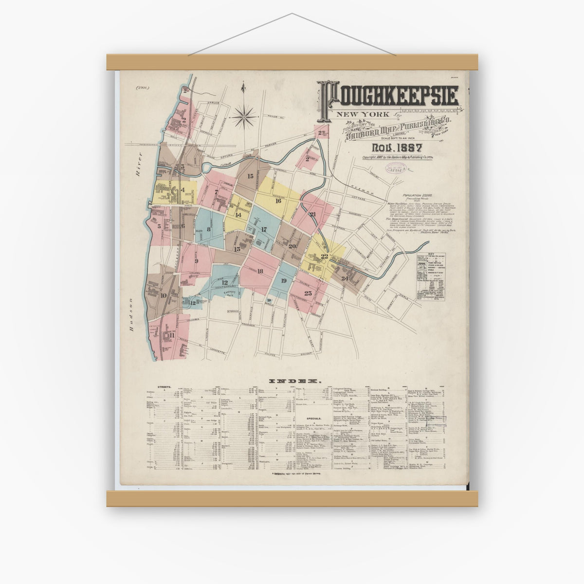 Old map wall art mockup — magnetic wood frame on white wall — Sanborn Fire Insurance Map from Poughkeepsie, Dutchess County, New York (1887) - Complete Map Set