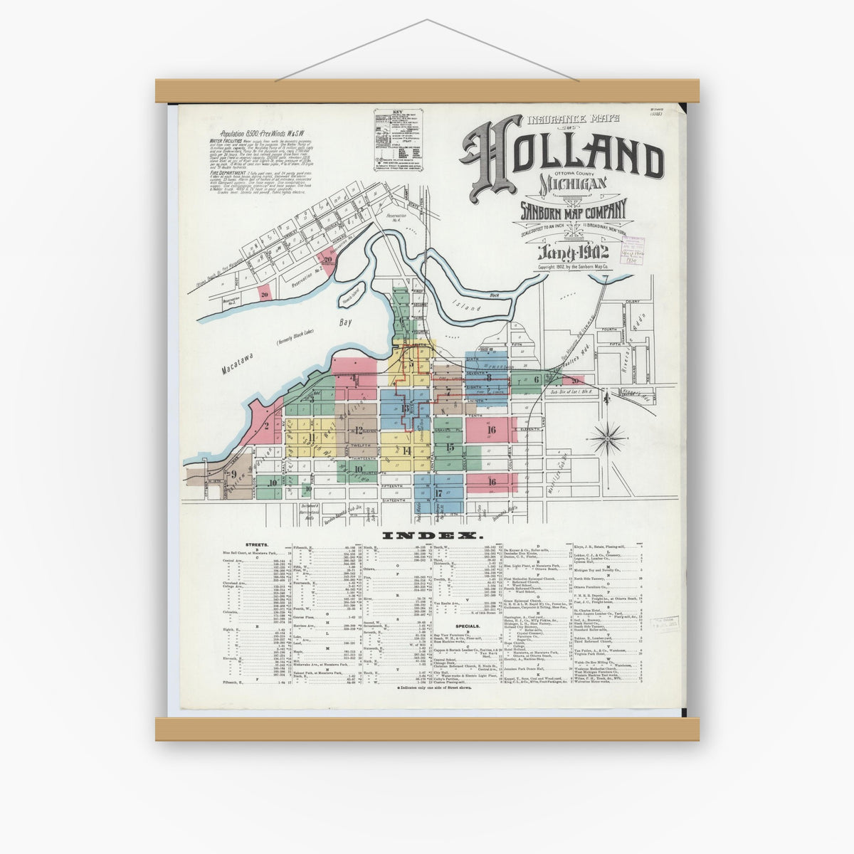 Old map wall art mockup — magnetic wood frame on white wall — Sanborn Fire Insurance Map from Holland, Ottawa County, Michigan (1902), Sheet #0001
