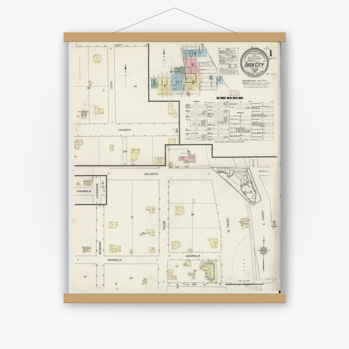 Old map wall art mockup — magnetic wood frame on white wall — Sanborn Fire Insurance Map from Dade City, Pasco County, Florida (1914), Sheet #0001